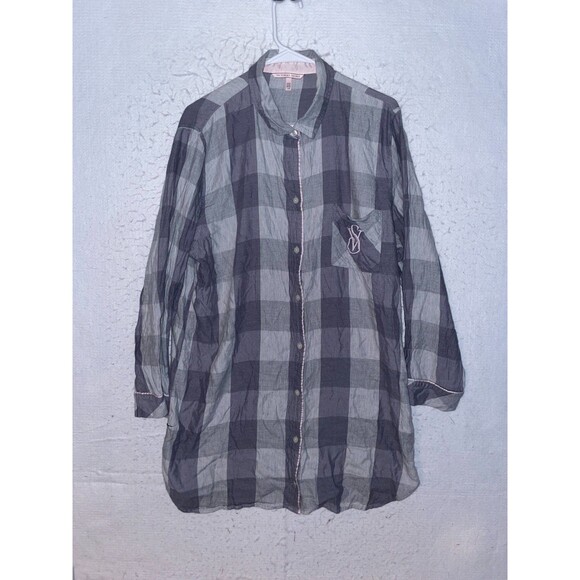 Victoria's Secret Other - Victoria Secret Sleep Shirt Flannel long gown womens L Gray plaid Button Front